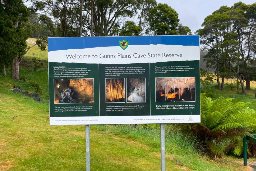 Gunns Plains Caves sign at the car park