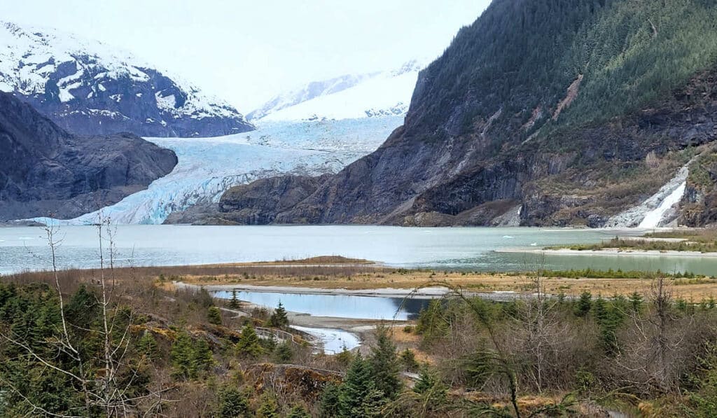 Mendenhall Glacier and Nugget falls in Juneau, Alaska