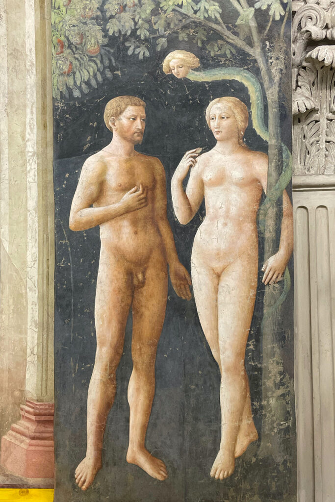 Adam and Eve in the Earthly Paradise and the Original sin. Masolino. Brancacci Chapel