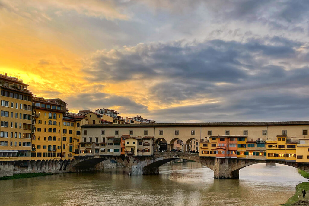 Florence in Winter - Ponte Vecchio at sunset. A must do in 3 days in Florence