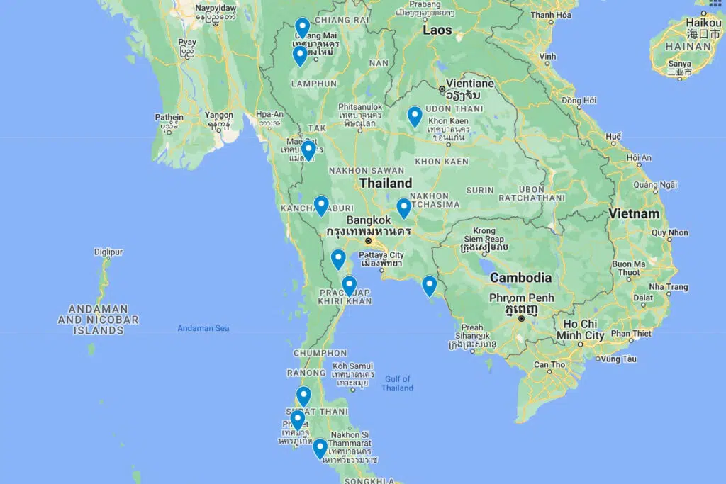 Map of the best National Parks of Thailand