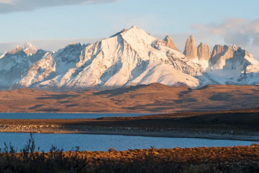 View of the Paine mountains from Lake Sarmiento in Torres del Paine in winter
